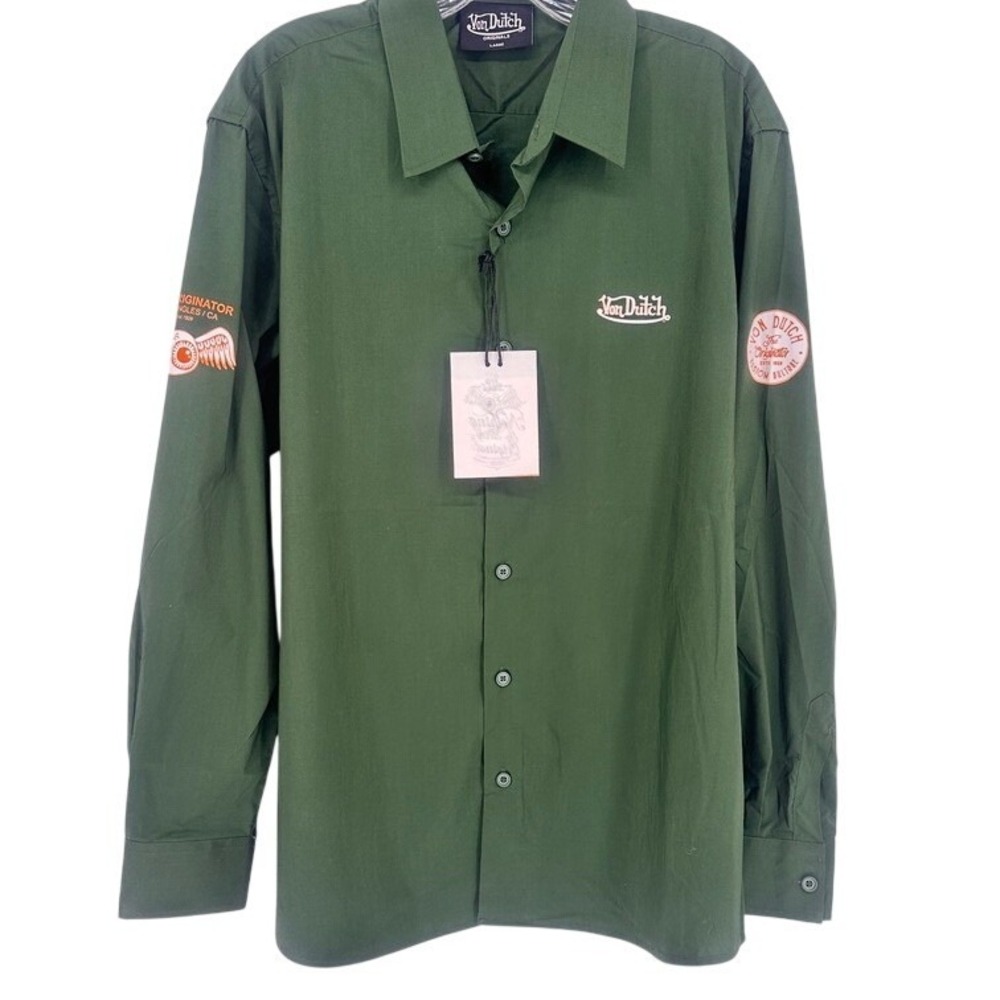 Von Dutch Originals Forest Green Button Down‎ Shirt Logo Patch L NWT